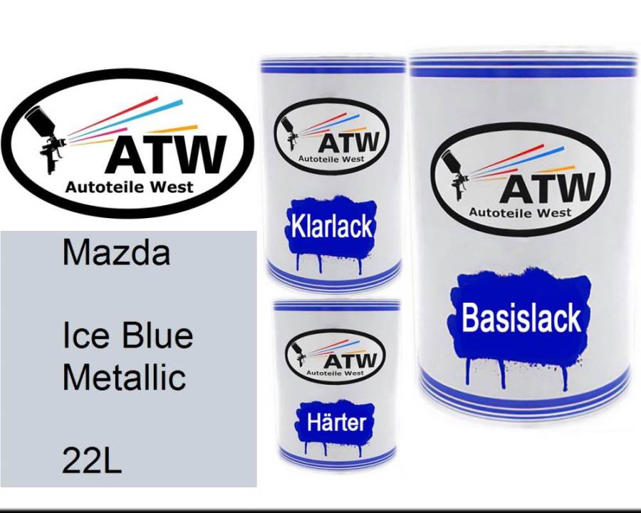 Mazda, Ice Blue Metallic, 22L: 500ml Lackdose + 500ml Klarlack + 250ml Härter - Set, von ATW Autoteile West.